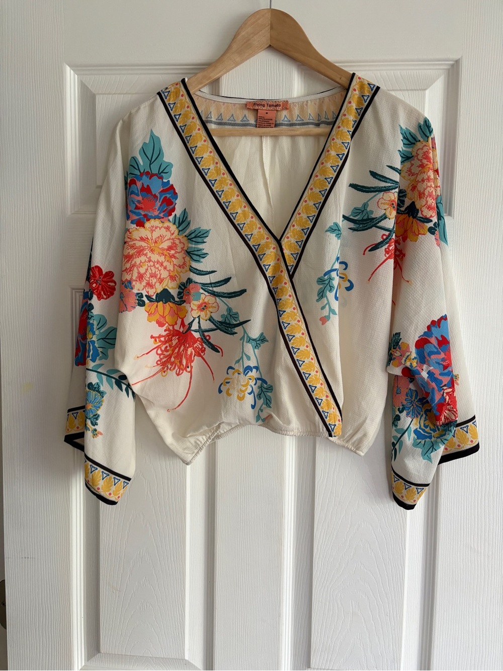 Flying Tomato Cream Floral Wrap Blouse with Yellow Trim
